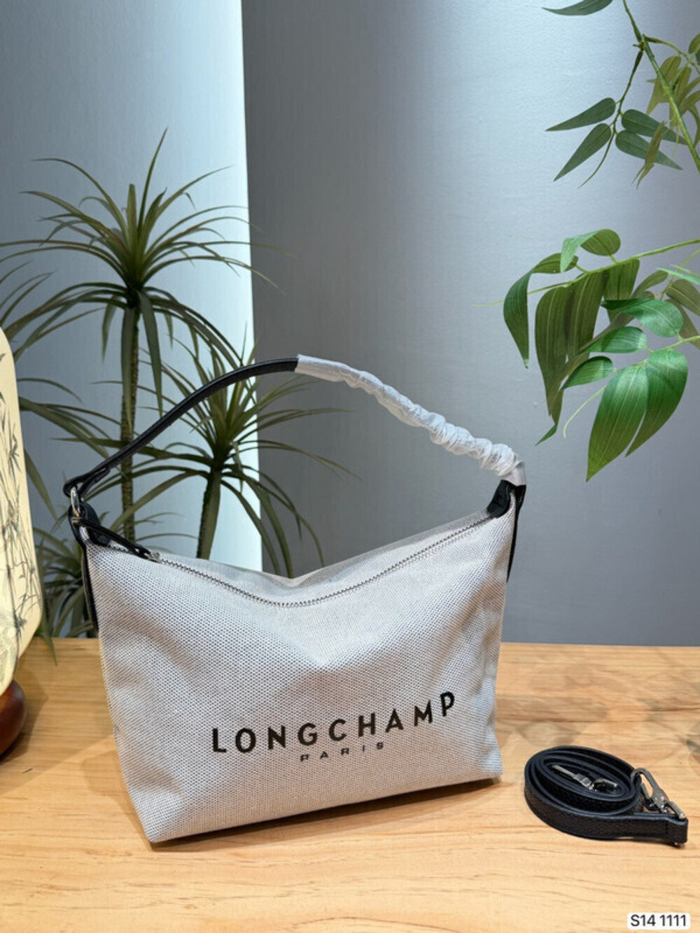 Longchamp Canvas Hobo Shoulder Bag Black Leather Trim Crossbody
